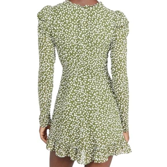 Reformation Marcy Dress Green Polka Dot Print Long Sleeve Size 10 Ruffle Trim - Picture 2 of 11